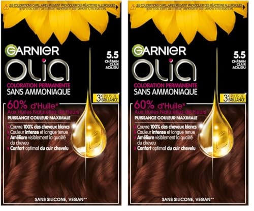 Garnier - Olia - Coloration Permanente à l’Huile Sans Ammoniaque Châtain - 5.5 Châtain Clair Acajou (Paquete de 2)