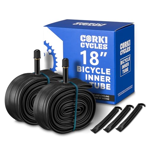 Corki Cycles 18” Bike Tube 2 Pack Durable Butyl Rubber, Fits Tire Sizes 18” x 1.75 1.95 2.0 2.1 2.125 (Removable Schrader Valve 32mm)