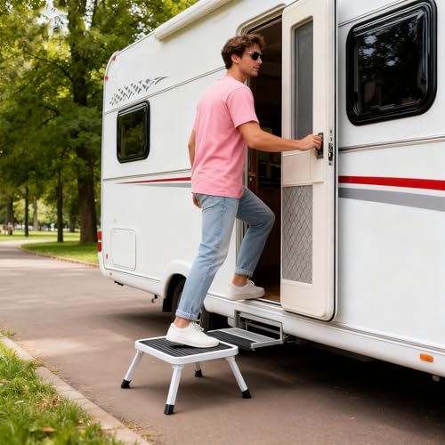 Image of OLIXIS Foldable Step Stool, 330lbs with Non-Slip Platform & Rubber Feet | 1-Step Ladder with Carrying Handle, Sturdy Metal Stool for RV, Truck, Home Kitchen, Indoor & Outdoor Use