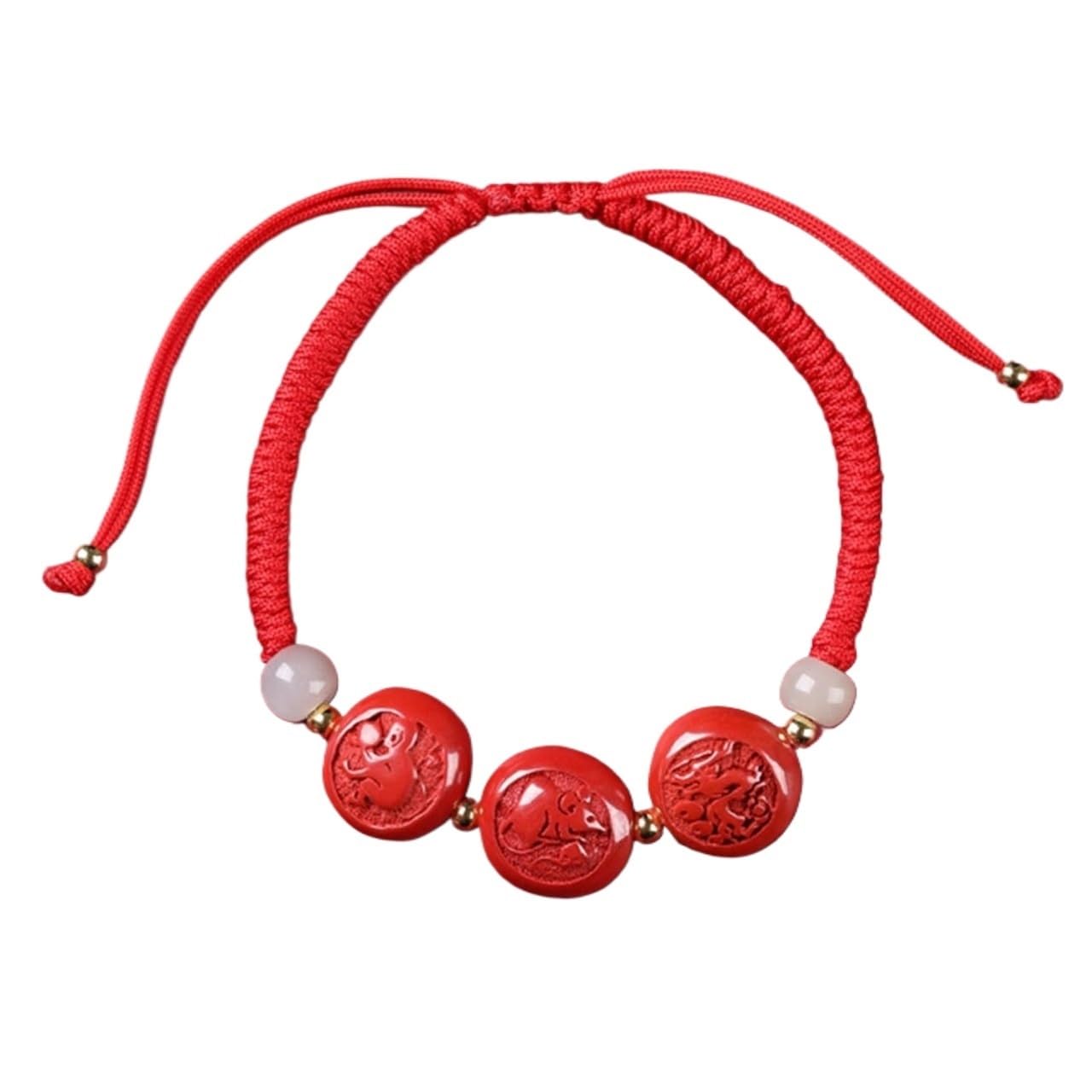 Nzpost Monkey Rat Dragon_jade Bracelet, Natural Cinnabar Carved Zodiac S Lucky Charm Hand Woven Rope Red String Adjustable Bracel