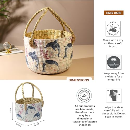 Image of Habere India-All The Cultures Fabricating India Round Basket | Round Gift Hamper | Gift Hamper Baskets | Clothes Organizer | Baby Basket (Design 16 - Dia:21 x H:17 cm)