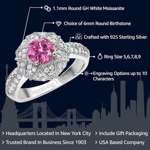 Gem Stone King 925 Sterling Silver Customized and Personalized 6MM Round Gemstone Birthstone and White Moissanite Name Engraved Engagement Ring For Women (1.19 Cttw, Available In Size 5, 6, 7, 8, 9)2