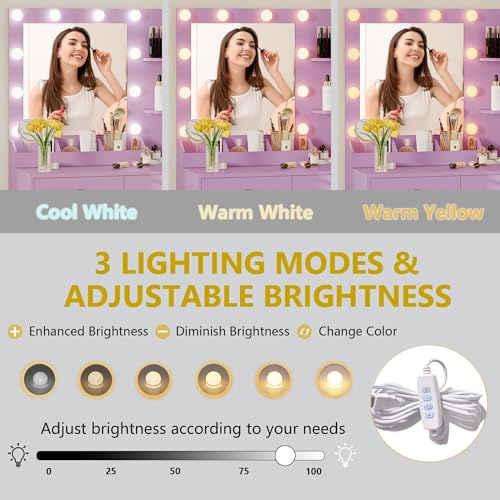 Image of Vanity Desk with Mirror and Lights, Makeup Vanity Table Set with 5 Storage Drawers, Power Outlet & Chair, Small Dressing Table with RGB Ambient Light, Adjustable Brightness for Girls Bedroom, Purple