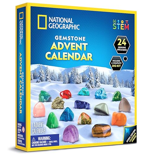 National Geographic - Calendario de Adviento de piedras preciosas 2025, edición limitada, calendario de cuenta regresiva de Navidad para niños con 24 gemas, colección completa de rocas, kit de