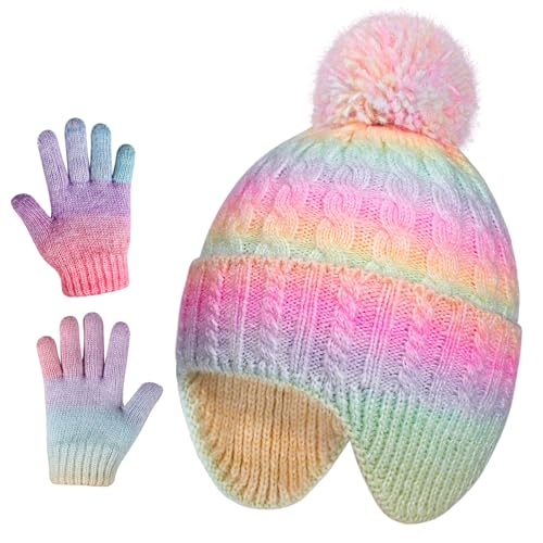 Kids Winter Hat Gloves Set, Girls Toddler Children Warm Beanie Hats and Mittens Cold Weather Set for Ages 3-8