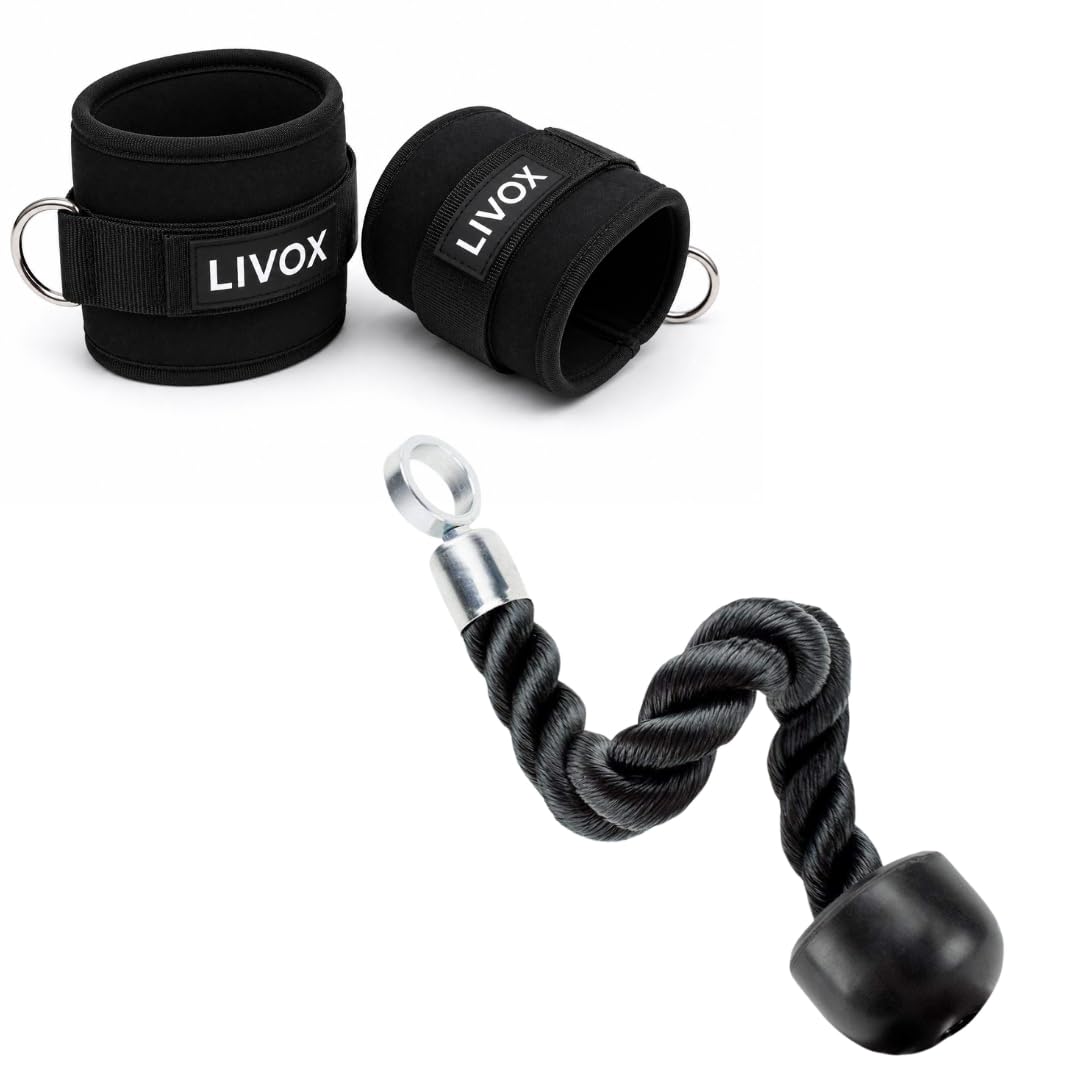 LIVOX Tricep Rope and Ankle Strap Combo, Black, Cable Machine Attachment for Gym Workout-image-15