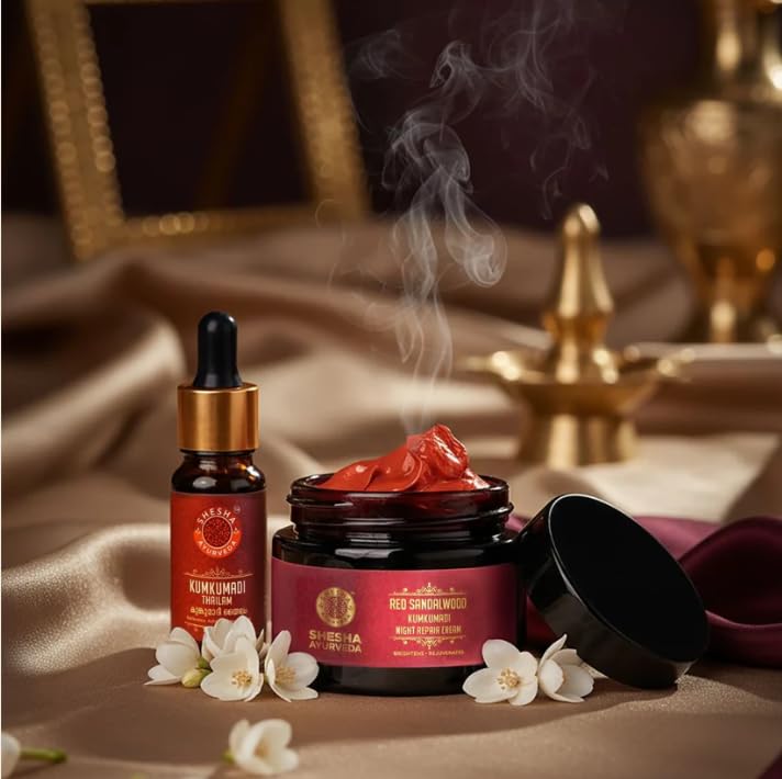 Image of SHESHA AYURVEDA Combo of Red Sandalwood Skin Brightening & Night Repair Cream and Ayurvedic Kumkumadi Thailam | Hydrating anti-aging and radiant skin 50gm+5ml