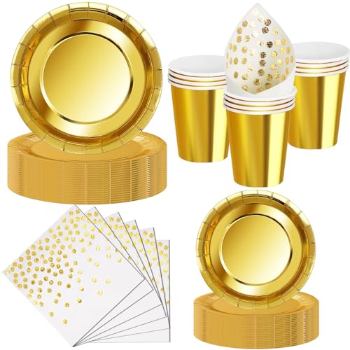 Nkaiso Set de Vaisselle Jetable 50 Pièces Doré - 10 Assiettes 23cm, 10 Assiettes 18cm, 10 Gobelets, 20 Serviettes - Pour Mariage, Anniversaire de Mariage,...