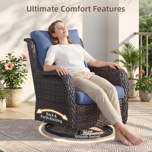 Image of Rilyson Patio Outdoor Wicker Swivel Rocker Chairs Set of 3, Blue Cushions | High Back and Deep Seating, All Weather, Water-Resistant, Removable Cover, Stain-Resistant, for Garden Backyard Deck