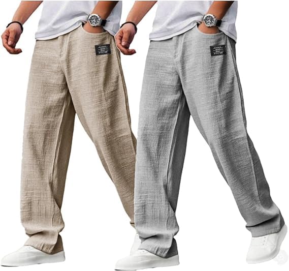 Mokaloha Mens Pants-Casual Hemp Fabric Embroidered Logo Drawstring Loose Elastic Waist Pocket Trousers4