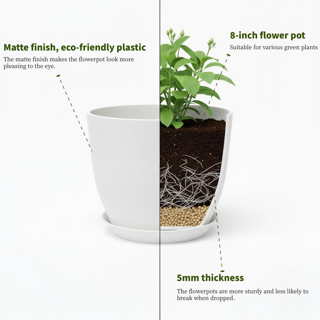Vanslogreen Plant Pots 8 Inch Set of 6, Flower Pots with Drainage Holes and Saucer, Plastic Garden Planters for Indoor & Outdoor Plants (White)