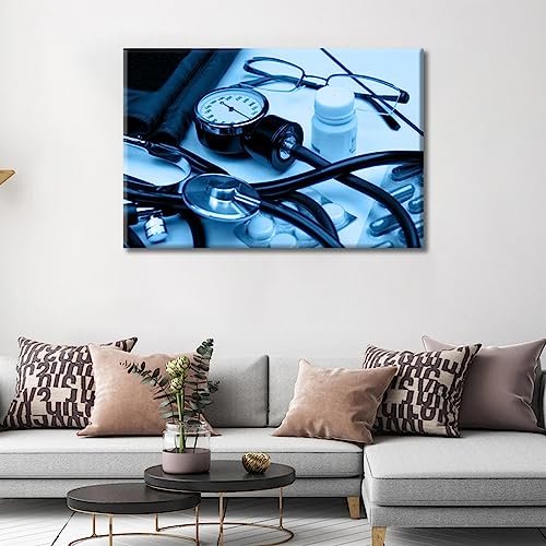 Image of Canvas Wall Art Medical Hospital Background in Blue Wall Decor for Living Room 1 Pieces Stethoscope Artwork Wall Decor for Bedroom Giclee Wooden Framed Gallery-Wrapped Ready to Hang, 24 inch Wx36 H