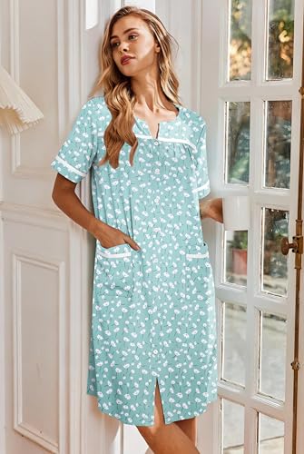 Image of Ekouaer Nightgowns for Women House Dress with Pockets Button Down Sleepshirt Short Sleeve Nightshirt Housecoat
