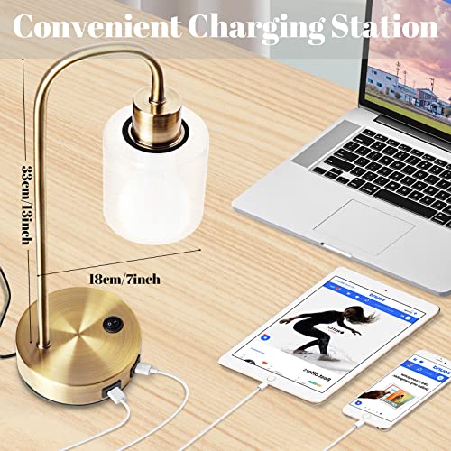 Urophylla Gold Industrial Table Lamps For Bedrooms Set Of 2,Elizabeth Vintage Bedside Lamp With Usb Port,Brassmetal Nightstand, Modern Desk With Dimmable Edison-Bulb,Glassshade For Living Room,Office #TOP2