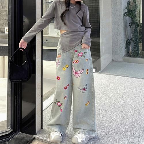 Baggy Jeans for Girls Embroidered Butterfly Floral Wide Leg Pants High Waist Elastic Cute Jeans for Girls Colorful Coquette3