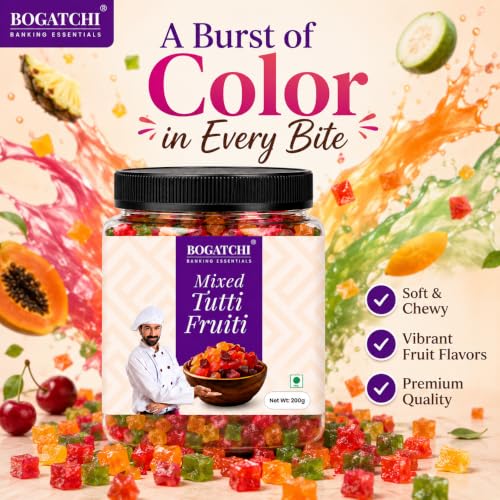 Image of BOGATCHI Mixed Tutti Frutti 200g | Multicolor Candied Fruit Bits for Cake Decoration, Ice Cream, Cookies, Muffins & Desserts | Fresh Fruit Topping for Baking & Garnishing | Includes Free Measuring Spoon