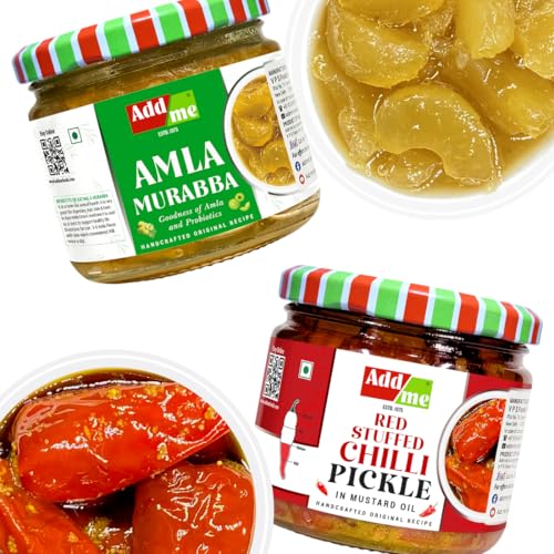 Image of Add me combo pickle box gift pack 6 in 1 dry mango achar 300gm + mixed pickles 300grm + amla murabba 300 gm + sweet Lemon pickle 350gram + Lal mirchi ka achar 300 gm + sweet mango jeera chutney 350grm glass jar