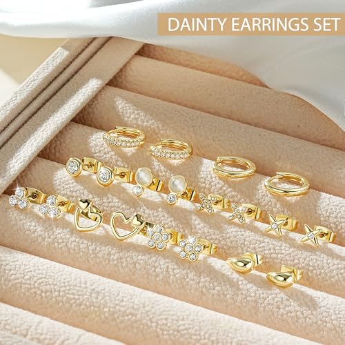 Image of KesaPlan Stud Earrings for Women 14K Gold Plated Hypoallergenic Hoop Earrings Set Small Studs Hoop Huggie Earring Multiple Piercing Star Heart Ball Cubic Zirconia Studs Stacks Trendy for Women Men
