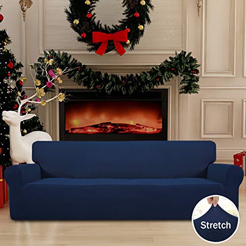 Image of Easy-Going Stretch 4 Seater Sofa Slipcover 1-Piece Sofa Cover Furniture Protector Couch Soft with Elastic Bottom for Kids, Polyester Spandex Jacquard Fabric Small Checks Navy