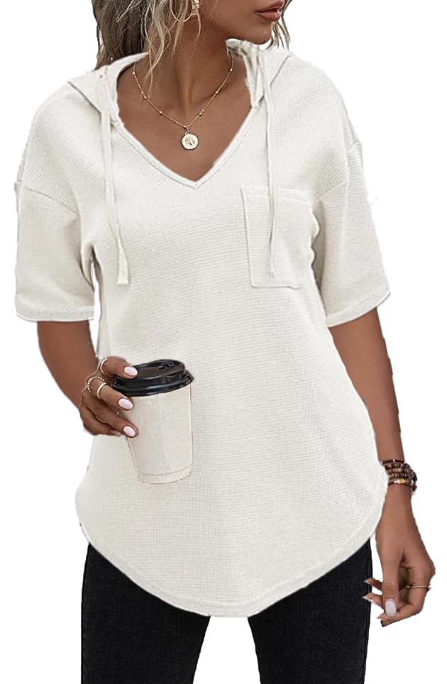 Cuptacc Hoodie Damen Kurzarm Kapuzenpullover V Ausschnitt Oberteile Waffel...