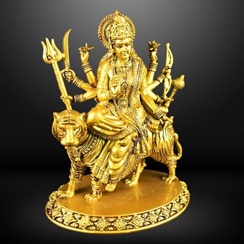 NEEANN Durga Devi MATA Rani Sherawali MATA Idol – 6-Inch Polystone Statue with Brass & Antique Silver Finish Warrior Pose on Tiger Vastu Decorative Murti Home, Office & Puja Room (Brass Colour)