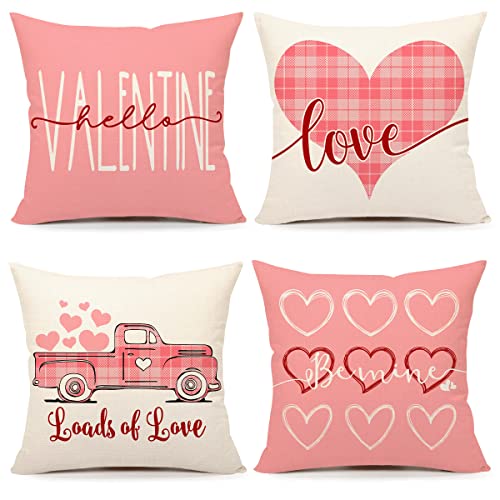 4TH Emotion Valentines Day Pillow Covers 18x18 Set of 4 Spring Farmhouse Decor Pink Truck with Love Heart Be Mine Holiday Decorations Throw Cushion Case for Home Decorations TH157