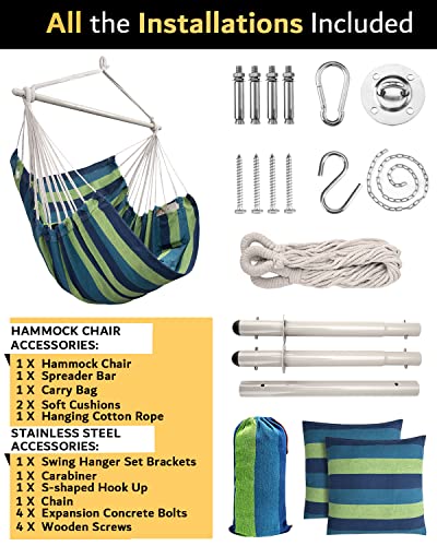 Image of XXL Hammock Chair Hanging Rope Swing with 2 Cushions - Max 500lbs-Perfect for Patio, Porch, Bedroom, Backyard, Indoor or Outdoor - Includes Hanging Hardware Kits