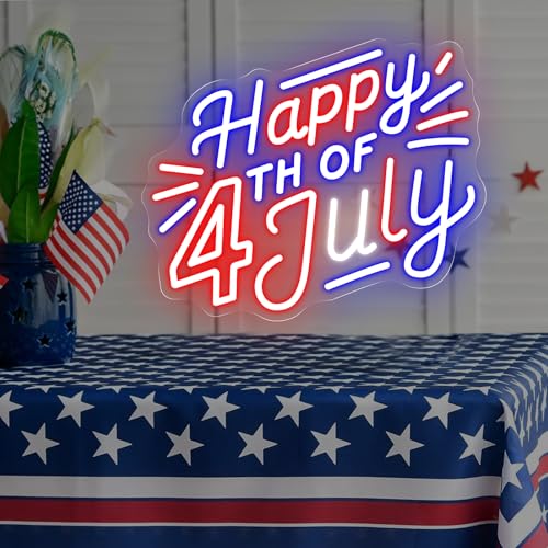 Image of Happy 4TH of July Decors Neon Sign Happy Independence Day Led Sign 4th of July Celebration Light Patriotic Welcome Memorial Day Decoration, 15.4 inchx12.6 inch