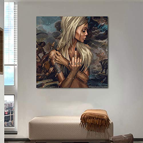 KWzEQ Ragazza Tatuaggio Immagine Pop Art Moderna Pittura Astratta su Tela Graffiti Street Art,Pittura Senza Cornice,70X70cm