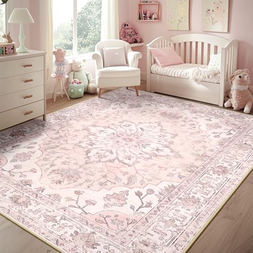 Image of RELEANY Area Rugs 5'x7' Washable Non-Slip, Floral Vintage Distress Print Pattern Medallion Carpet for Living Room Bedroom Dining Room, Pink Greypink Cute