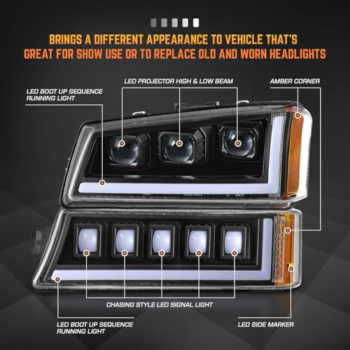 Image of DNA MOTORING Pair Full LED Projector Sequential Headlights Compatible with 03-06 Chevy Silverado 1500 2500 3500 1500HD 2500HD, Start-Up Sequential DRL, Black /Amber, HL-HP8-CSIL03-4P-BK-AM