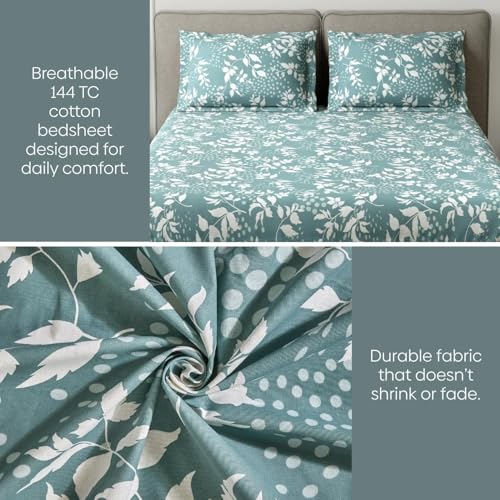 Image of Haus & kinder Double Bedsheet for Queen Size Bed | 90 x 100 Inches 144 TC Cotton Bedsheet for Double Bed with 2 Pillow Covers - Green Foliage
