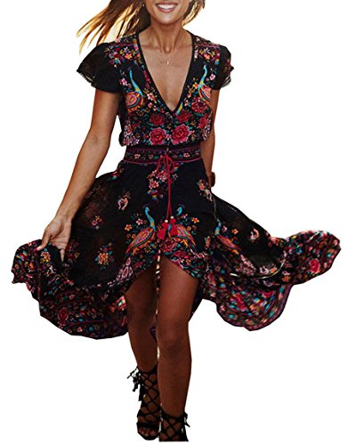 Damen Sommer Böhmisches Kleid Floral Abendkleid Übergröße Maxikleid Lange Kleider Schwarz XL /EU 42 Cover
