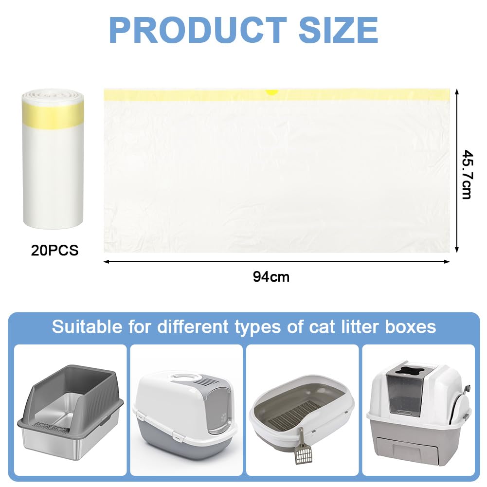 Adiwo Sacchetti Lettiera Gatto, 20 pezzi Sacchetti per Escrementi per Gatti con Coulisse Sacchi Resistenti ai Graffi 90x46cm con Maniglia per il Trasporto, Durevole, Resistente agli Strappi