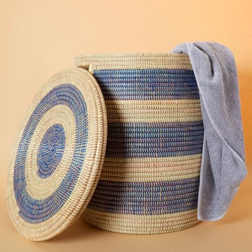 Image of Large Woven Storage Basket with Lid, Laundry Hamper, 20 x 18 Inch Round Decorative Container for Toys, Blankets, Towels, Cut Out Handles (Blue)