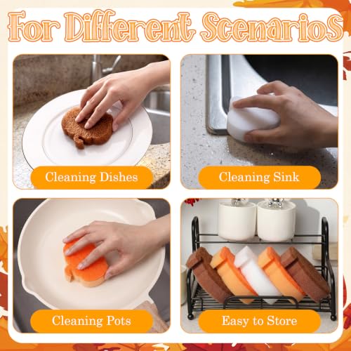 Image of Tioncy 12 Pack Pumpkin Kitchen Sponges Bulk Dual Sided Scrubber Brown Orange White Pumpkin Sponges Reuseble Non Scratch Dishwashing Kitchen Cleaning Accessories for Pot Boiler Pan Household