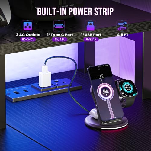 Image of DUMOS 53 inch Gaming Desk with USB Charging Ports & LED Lights, Reversible L Shaped Desks Computer Corner Gamer Table with Stand Storage Shelves for Home Office Small Space, Modern Black