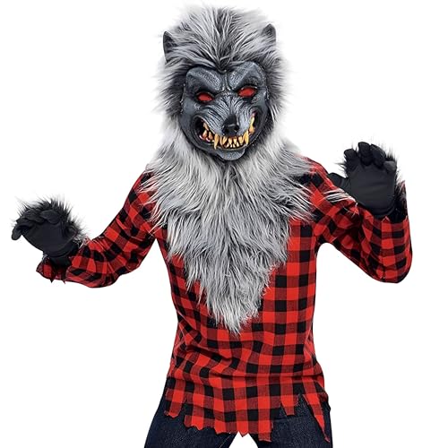 Amscan Hungry Howler Werewolf Costume for Kids, Medium (8-10), with Plaid Shirt, Furry Mask and Gloves