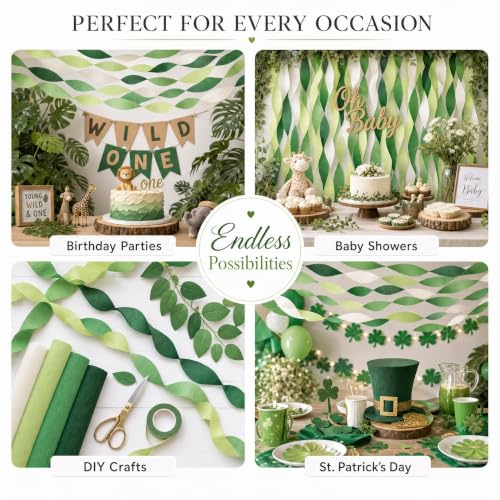 Image of 8 Green Streamers with White, 656ft Pack of Crepe Paper Party Decorations | Each roll is 82 ft long and 1.8 Inch wide ideal for Birthday Party Decor, Graduation Parties and St.Patrick's Day