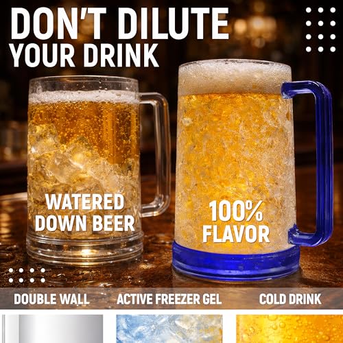 Image of Granatan Beer Mugs for Freezer (Set of 4), 16oz Double Walled Glasses, Frozen Cooling Cups with Color-Coded Handles, Break-Resistant Acrylic Frosty Insulated Beer Mug for Dad, Men, Pool Parties & BBQ
