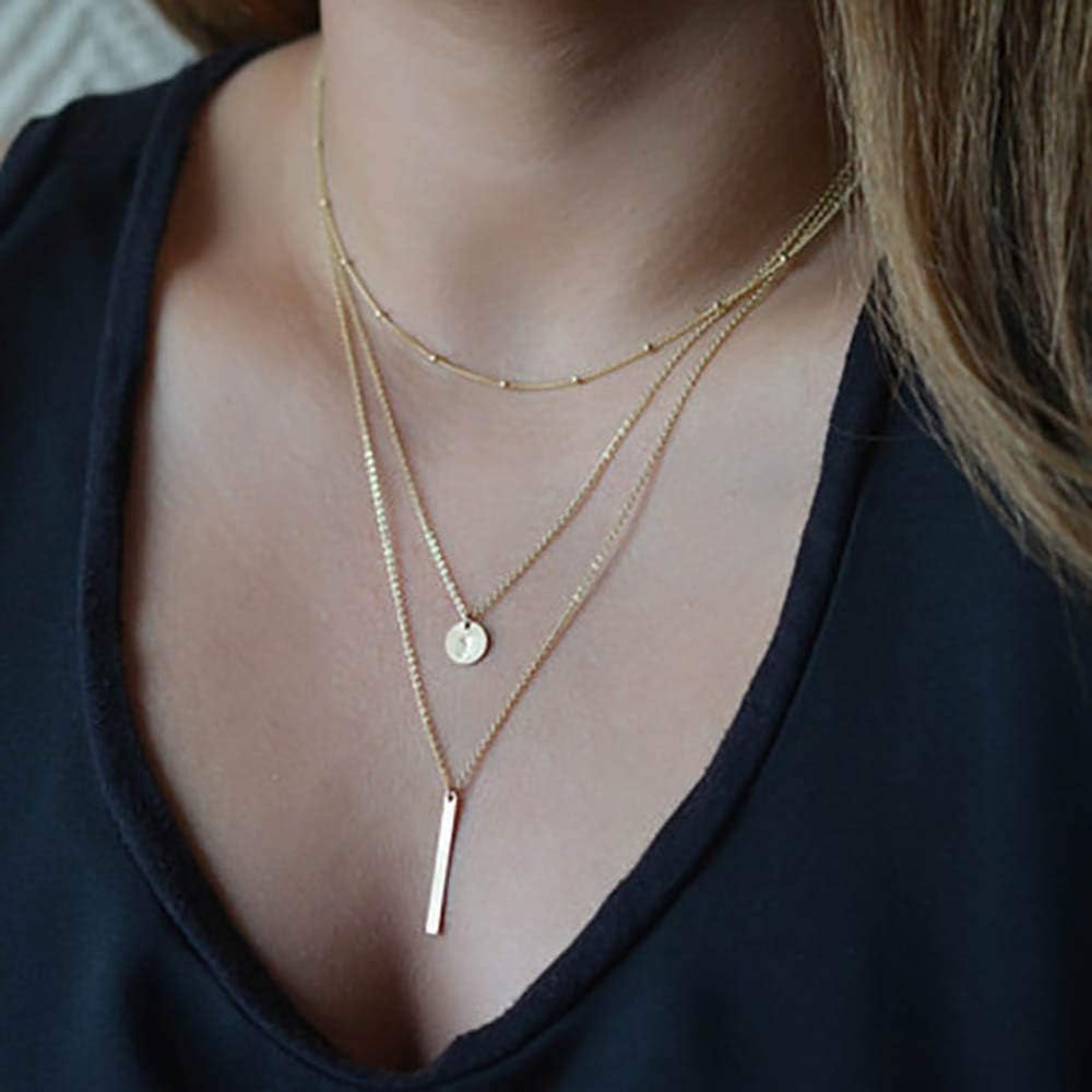DoubleNine Multilayer Necklace Gold Bar Pendant Simple Sequins Geometric Necklace Layered for Women