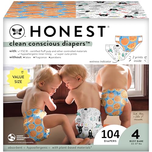 Image of The Honest Company Clean Conscious Diapers for Sensitive Skin | Hypoallergenic, Fragrance Free | Gender Neutral Prints | Super Club Box, Size 4 (22-37 lbs), 104 Count