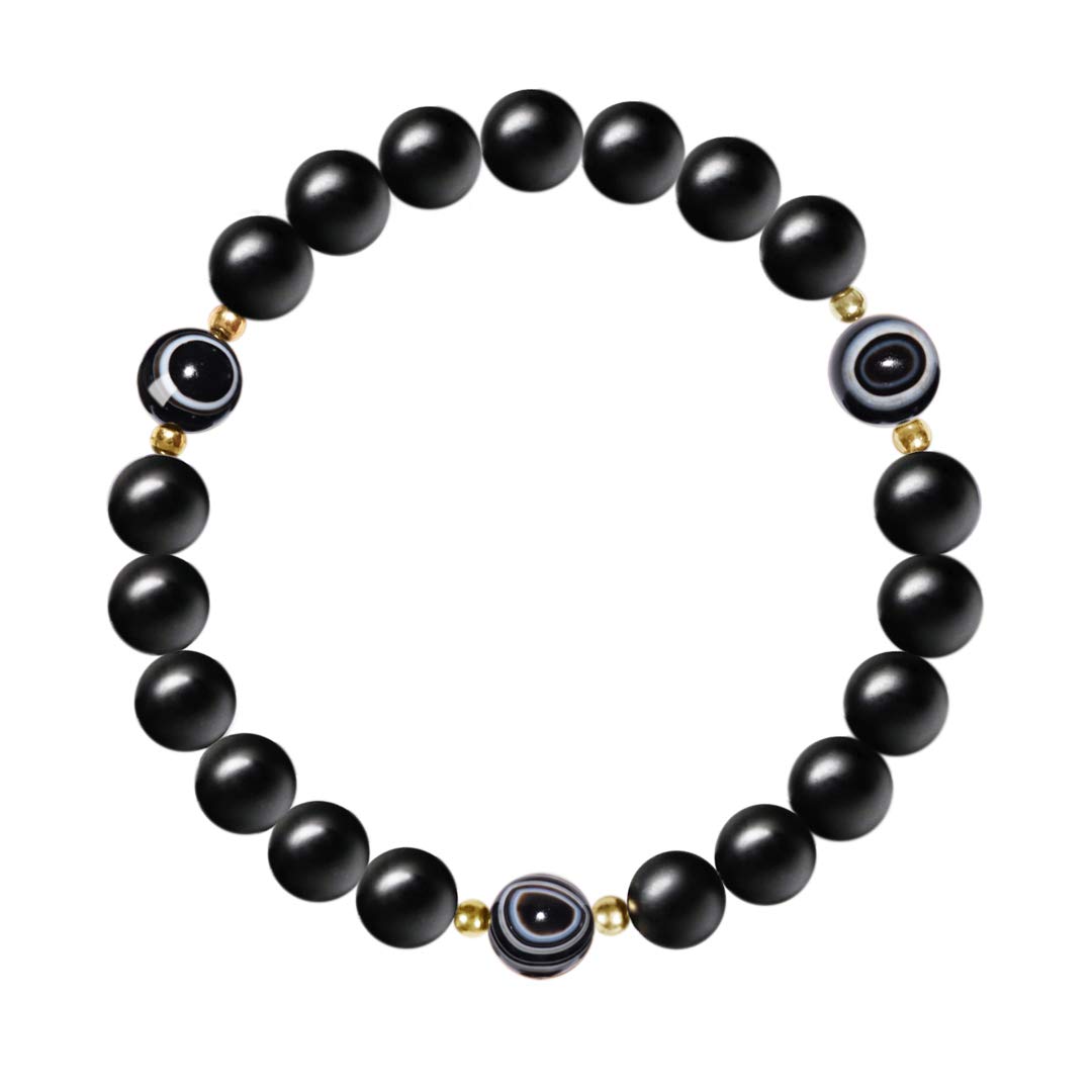 L&CEvil Eye Beaded Bracelet - Women Mens 8MM Feng Shui Black Obsidian Wealth Bracelet Natural Crystal Onyx Relief Reiki Healing Stone Original Triple Protection Red Strand Bracelet Bring Luck Prosperity