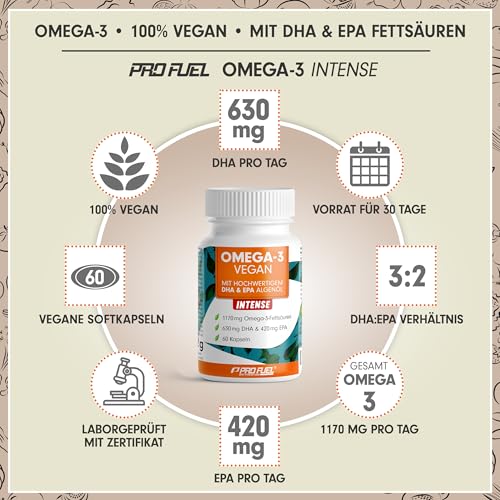 Omega-3 vegan INTENSE - 60 Kapseln - 2000 mg Algenöl pro Tag - hochdosiert mit 630mg DHA + 420 mg EPA - vegane Omega-3 Algenöl Kapseln - DHA:EPA Verhältnis 3:2 - laborgeprüft mit Analyse-Zertifikat