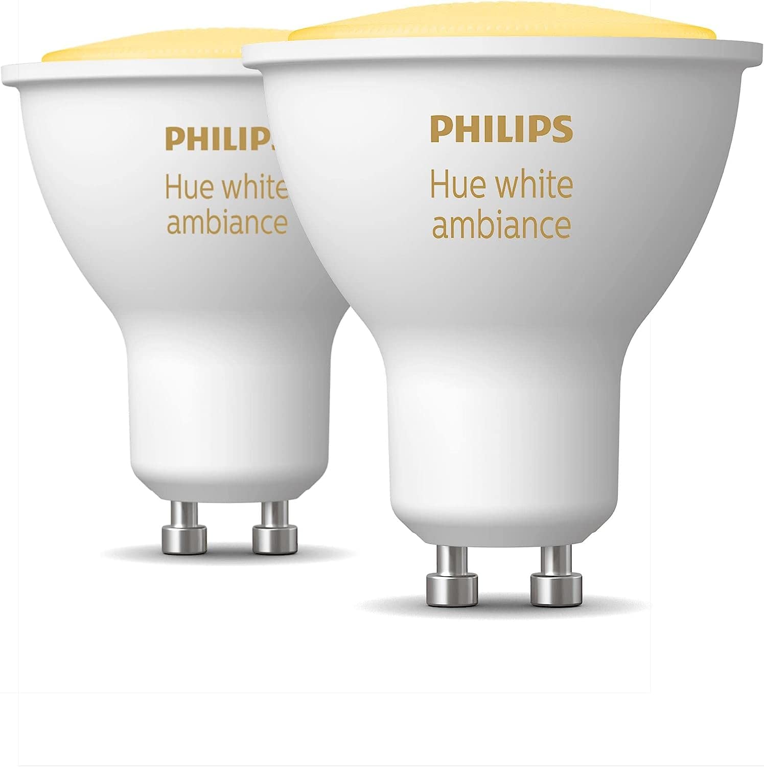 Philips Hue - Bombilla LED Inteligente, GU10, Luz Blanca de Cálida a Fría, 4.3W 350 Lumens, Compatible con Alexa y Google Home - Pack de 2 Bombillas LED inteligentes