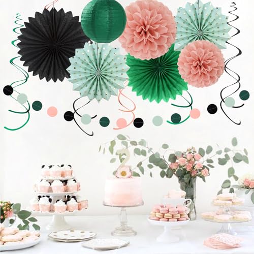 Image of Sage-Green Blush-Pink Black Birthday Party-decorations - 21pcs Girls Woman Happy Banner Garland, Paper Streamers Lanterns,Flower Tissue Pom Poms Fan Supplies,Wall Backdrop Decor Huglony