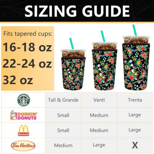 Image of YR Reusable Neoprene Insulator Sleeve for Iced Coffee Cups, 3 Pack Coffee Coolies sleeves for Iced & Hot Drinks, Cold Beverage Cooler Compatible with Cold Soda and More (Garden Floral)