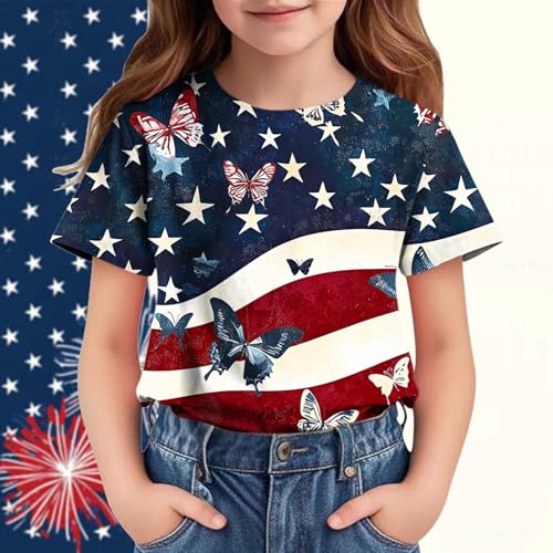Finelylove Girls 4th of July Shirt American Flag Patriotic t-Shirt Short Sleeve Stars Stripes USA Tops Outfits 3-12 Years2