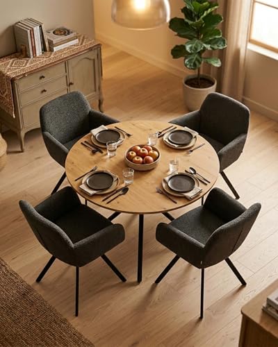 Amveya Ensemble Table Ronde 100cm Chêne et 4 Chaises Pivotantes Gris Foncé, Tissu Bouclé, Pieds Métal, Design Industriel Contemporain pour Salle à Manger...