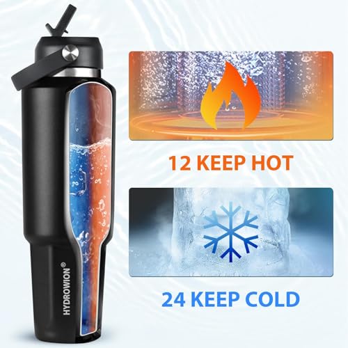 Image of HYDROWION 40 oz Insulated Water Bottle, Car Water Bottle Holder - Double Wall Vacuum Insulated Travel Bottle with Straw Lid, Spout Lid and Flex Cap - Cold for 24H, Hot for 12H, Blue - Panda